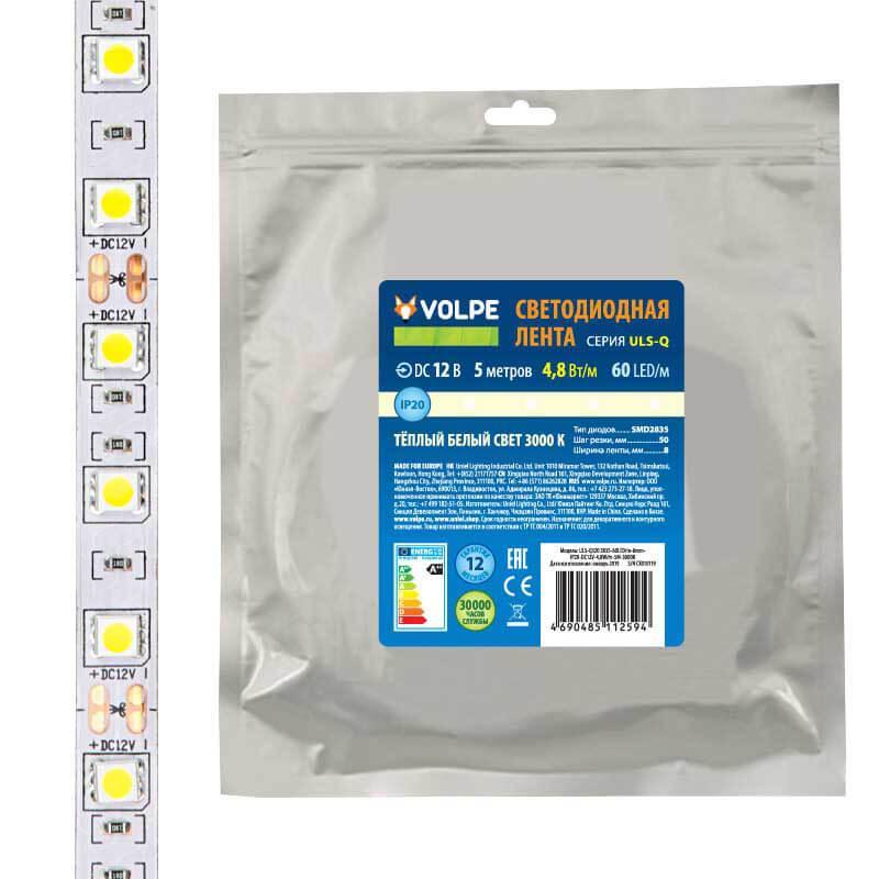 Светодиодная лента Volpe 4,8W/m 60LED/m 2835SMD теплый белый 5M ULS-Q320 2835-60LED/m-8mm-IP20-DC12V-4,8W/m-5M-3000K UL-00004538 Светодиодная лента Volpe 4,8W/m 60LED/m 2835SMD теплый белый 5M ULS-Q320 2835-60LED/m-8mm-IP20-DC12V-4,8W/m-5M-3000K UL-00004538