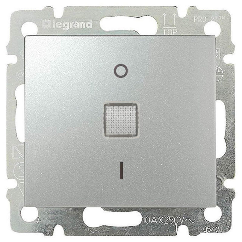 Переключатель одноклавишный двухполюсный Legrand Valena 10A 250V с подсветкой алюминий 770149