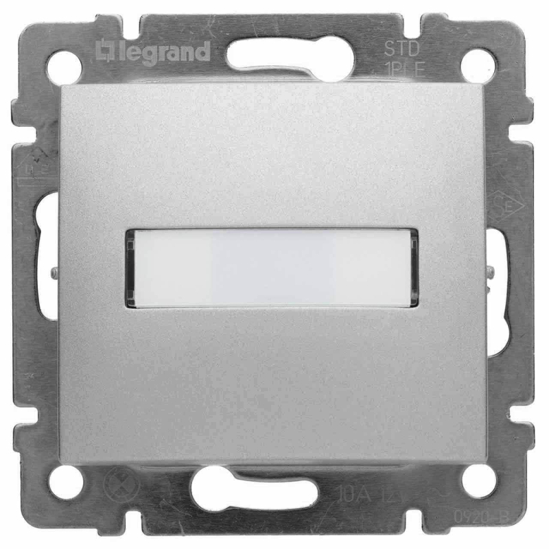 Выключатель кнопочный одноклавишный Legrand Valena 10A 12V с подсветкой держателем этикетки алюминий 770217