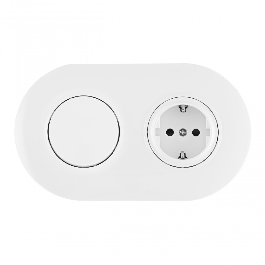Выключатель круглый одноклавишный с розеткой с/з и шторками Arte Milano SET08-2-40-1-30-1 white