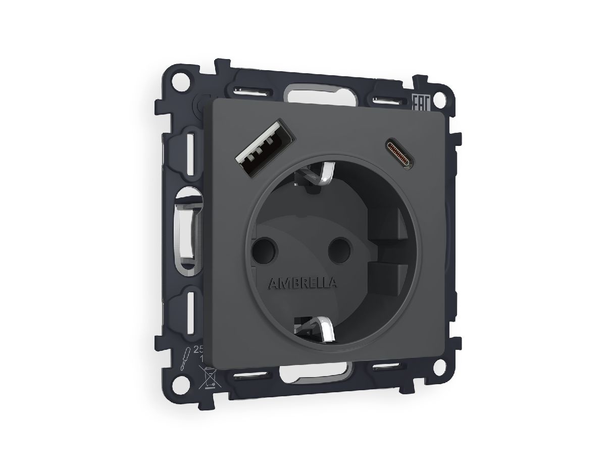 Комплект механизма розетки 2USB A+C 20W (быстрая зарядка) с/з Ambrella Volt Alfa MA910010