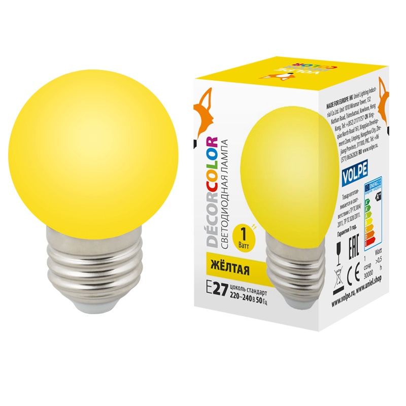 Лампа декоративная светодиодная (UL-00005649) Volpe E27 1W желтая LED-G45-1W/YELLOW/E27/FR/С Лампа декоративная светодиодная (UL-00005649) Volpe E27 1W желтая LED-G45-1W/YELLOW/E27/FR/С