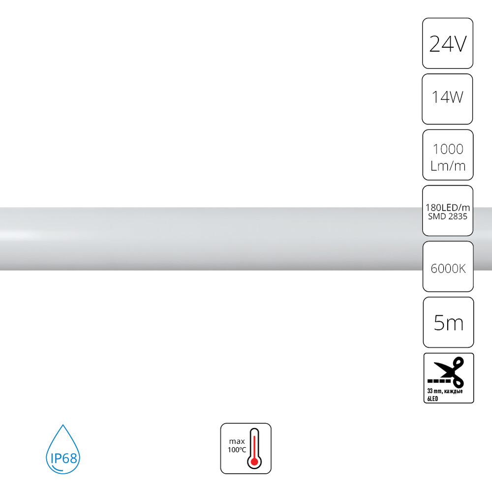 Гибкий влагозащищенный  неон Arte Lamp Neon Termo 24V 14W/m 6000K 5m IP68 A2418013-03-6K