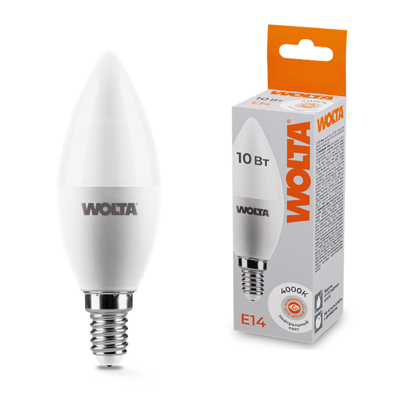 Светодиодная лампа WOLTA 10Вт 4000K E14 свеча матовая 25SC10E14 Светодиодная лампа WOLTA 10Вт 4000K E14 свеча матовая 25SC10E14