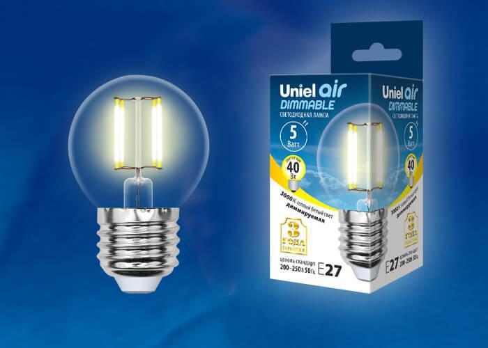 Лампа светодиодная филаментная (UL-00002868) Uniel E27 5W 3000K LED-G45-5W/WW/E27/CL/DIM GLA01TR