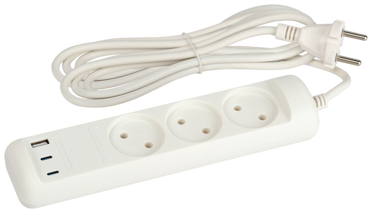 Удлинитель Эра U-3-3m-USB-W 3 розетки + 3xUSB A+C 3м 10А белый Б0069076