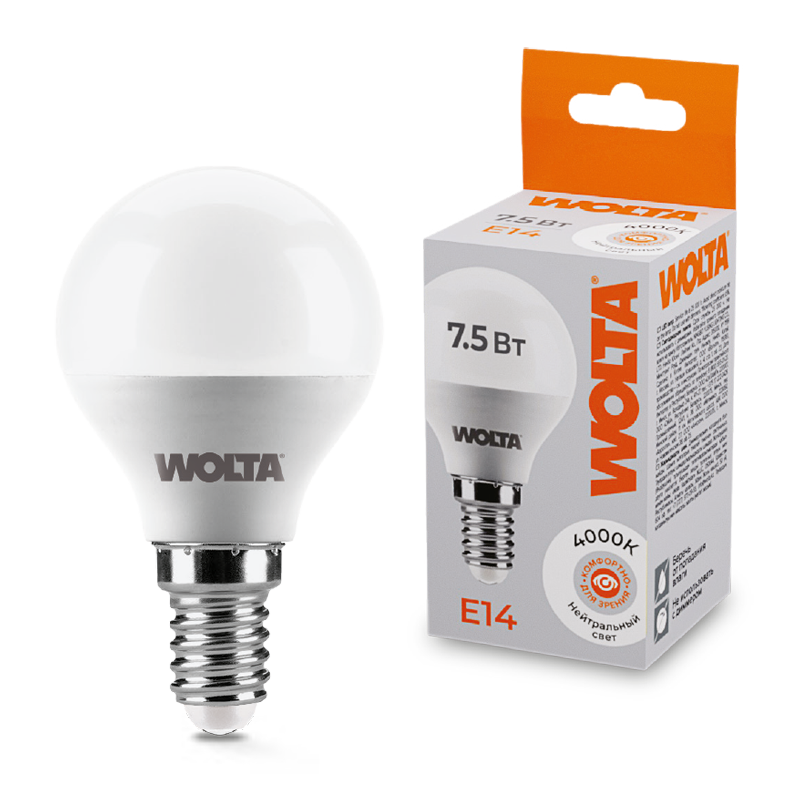 Светодиодная лампа WOLTA 7.5Вт 4000K E14 груша матовая 25S45GL7.5E14 Светодиодная лампа WOLTA 7.5Вт 4000K E14 груша матовая 25S45GL7.5E14