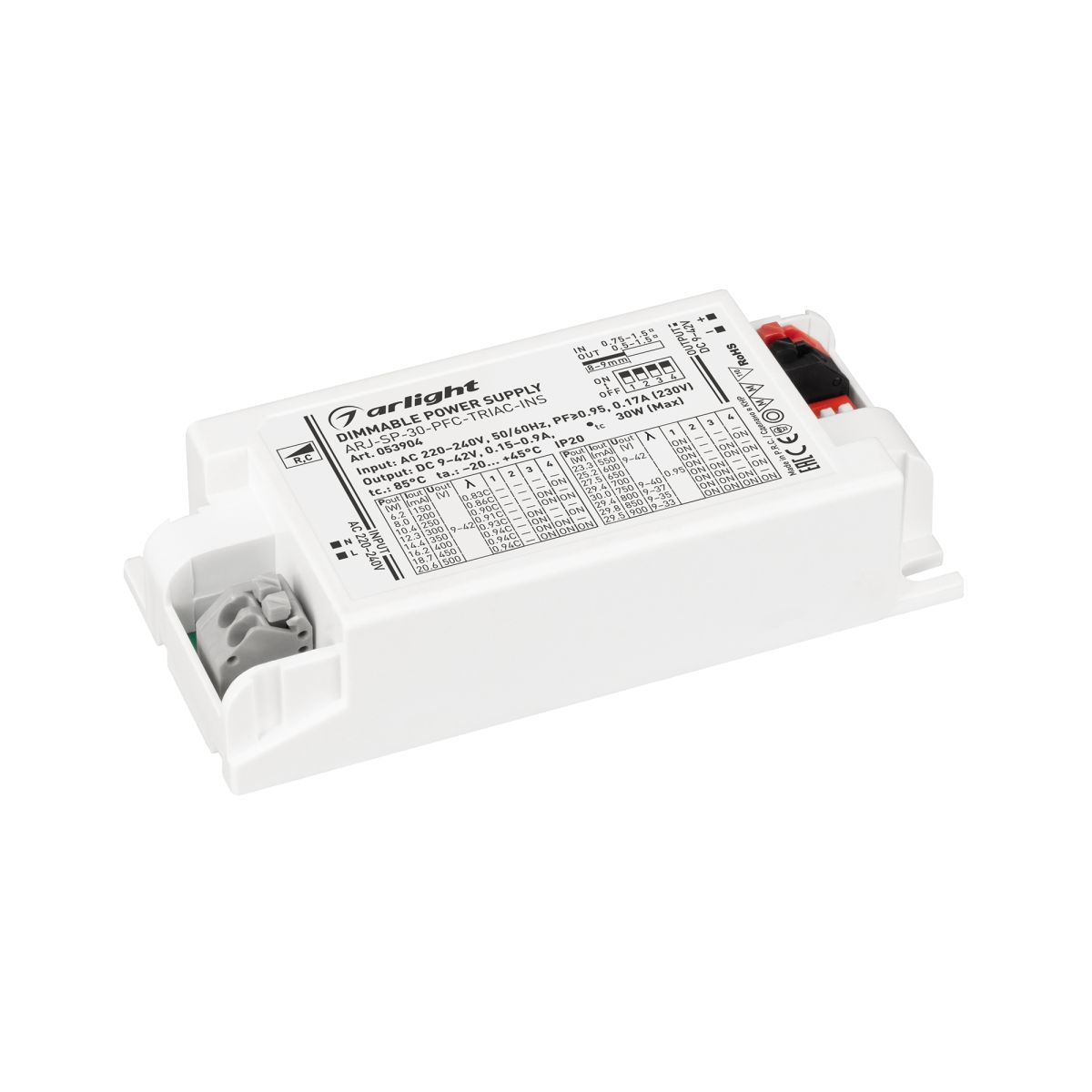 Блок питания Arlight ARJ-SP-30-PFC-TRIAC-INS (30W, 9-42V, 0.15-0.9A) (IP20 Пластик) 053904