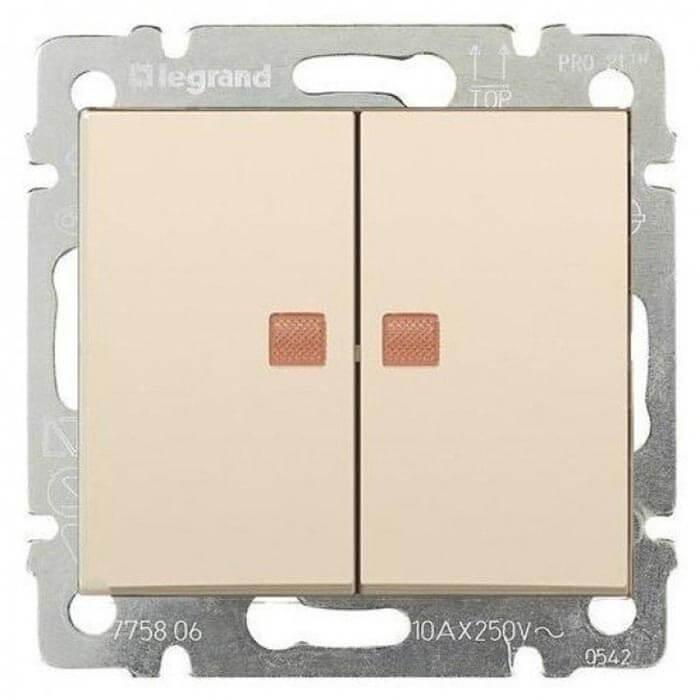 Переключатель двухклавишный Legrand Valena 10A 250V с подсветкой слоновая кость 774113