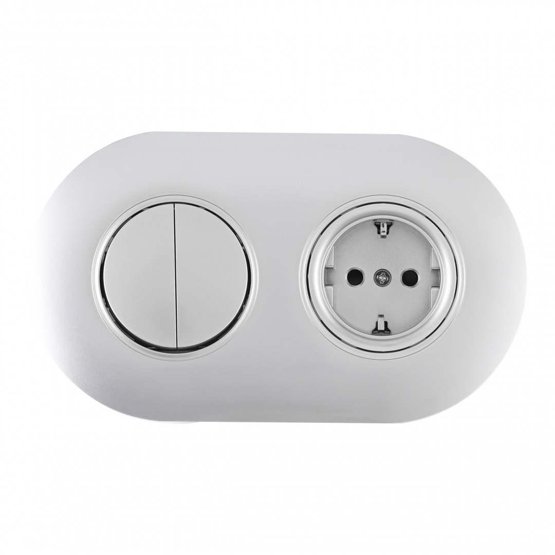 Выключатель круглый двухклавишный с розеткой с/з и шторками Arte Milano SET08-2-40-1-30-2 silver