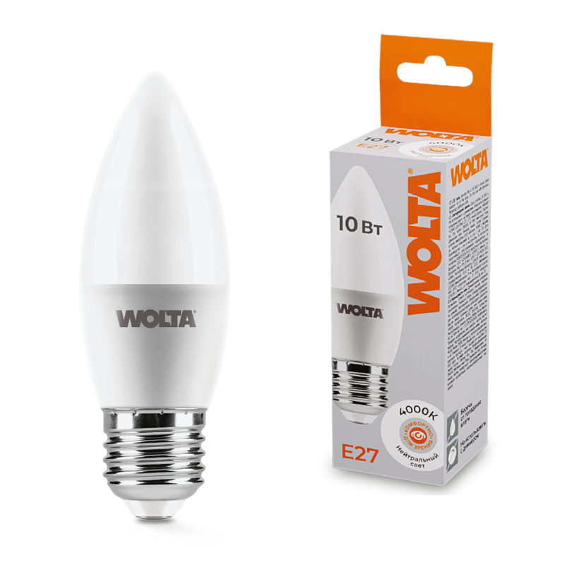 Светодиодная лампа WOLTA 10Вт 4000K E27 свеча матовая 25SC10E27