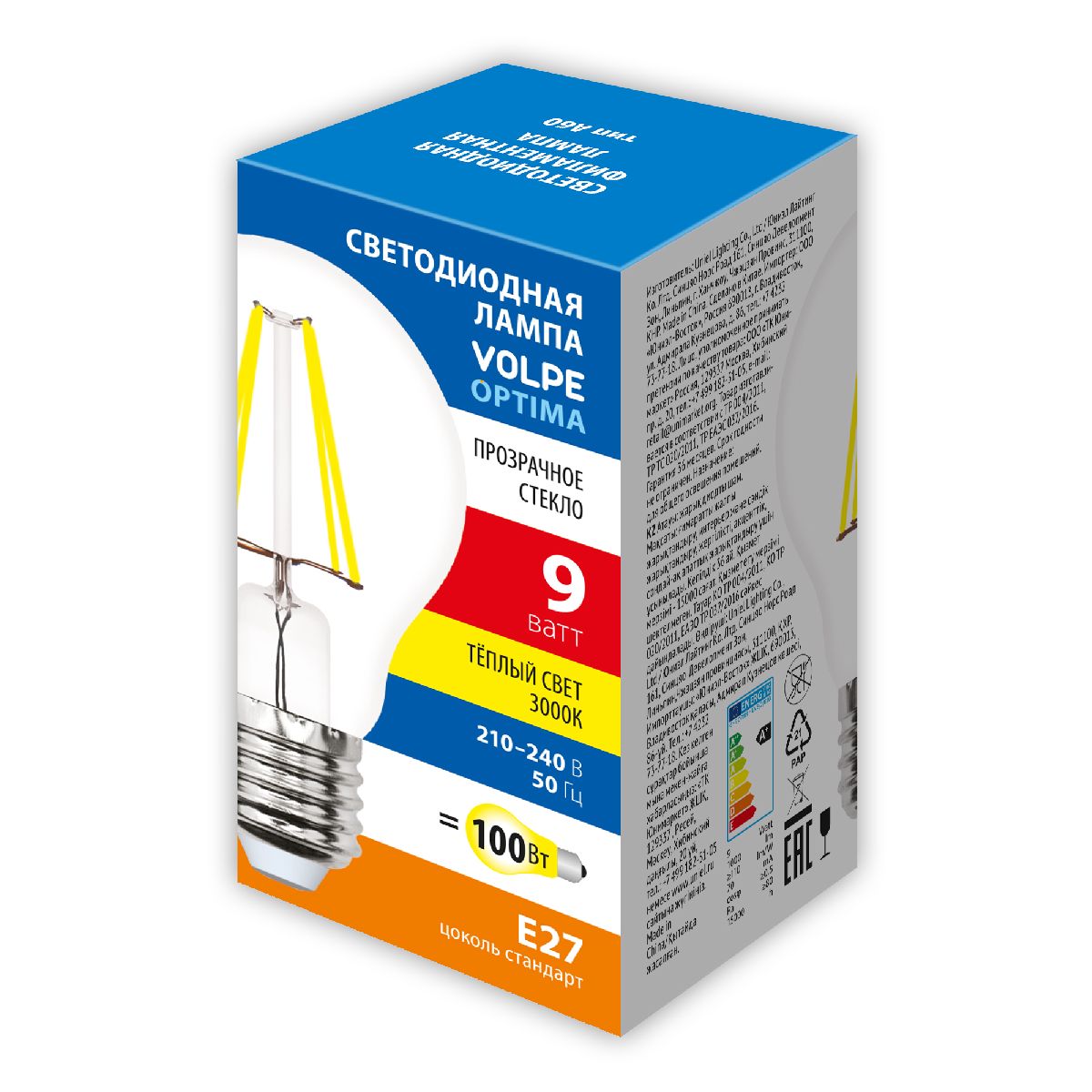 Лампа светодиодная Volpe Optima LED-A60-9W/3000K/E27/CL/SLF UL-00008302 Лампа светодиодная Volpe Optima LED-A60-9W/3000K/E27/CL/SLF UL-00008302