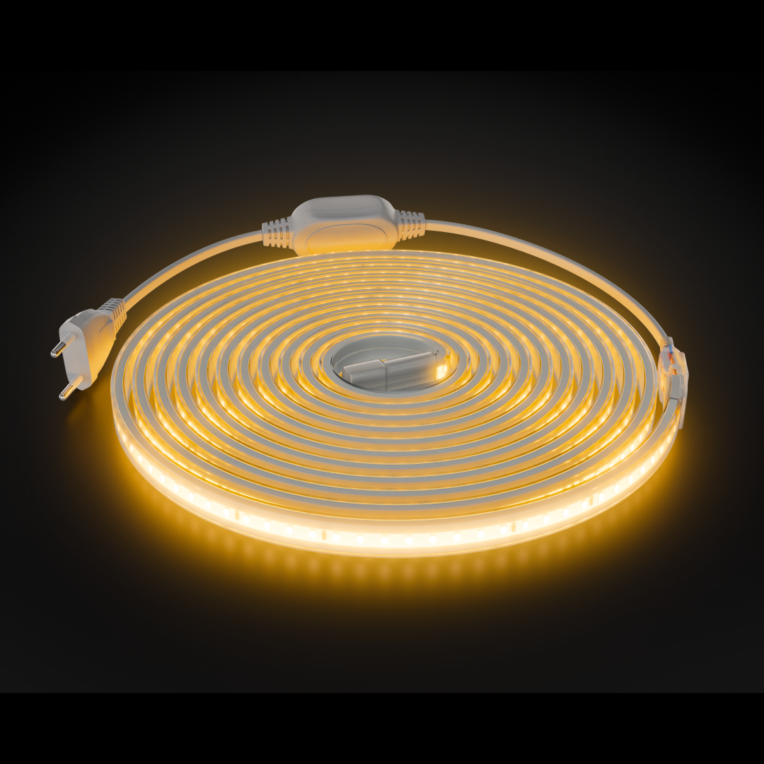 Комплект светодиодной ленты Apeyron 220В 10Вт/м, 600лм/м, 3000К (т/б), SMD2835, 120д/м, 13,5х7мм, 5м, IP65, с аксесcуарами (сетевой шнур, заглушка - 1шт, крепеж - 5шт) 10-140