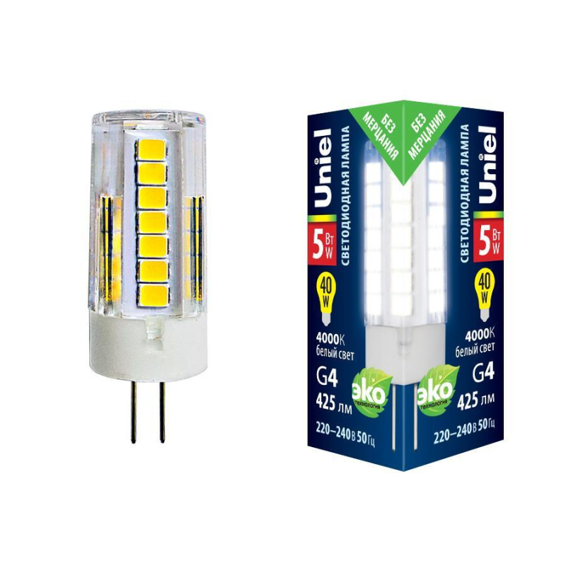 Лампа светодиодная (UL-00006745) Uniel G4 5W 4000K прозрачная LED-JC-220/5W/4000K/G4/CL GLZ09TR Лампа светодиодная (UL-00006745) Uniel G4 5W 4000K прозрачная LED-JC-220/5W/4000K/G4/CL GLZ09TR