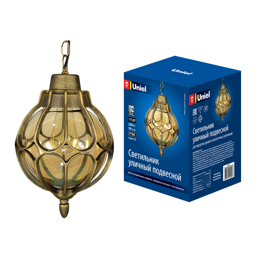 Уличный подвесной светильник Uniel UUL-H90A 60W/E27 IP54 GOLD UL-00007694 Уличный подвесной светильник Uniel UUL-H90A 60W/E27 IP54 GOLD UL-00007694