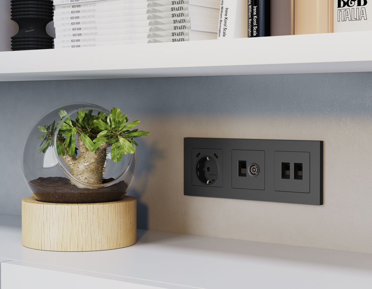 Комплект мех-ма розетки компьютерной + TV оконечной RJ-45 с автоматической защитной шторкой Alfa Графит мягкое касание Quant Ambrella Volt MA912510 (AP9125, VM195)