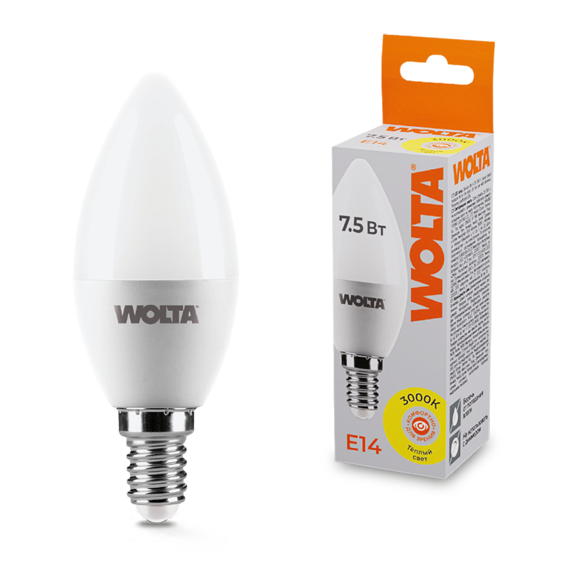 Светодиодная лампа WOLTA 7.5Вт 3000K E14 свеча матовая 25YC7.5E14