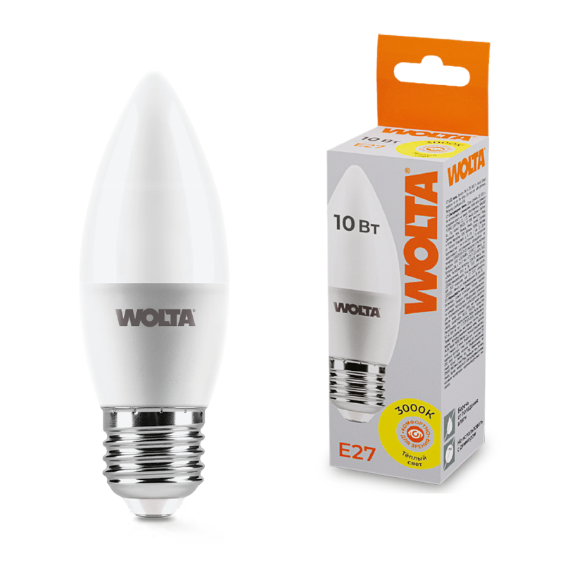Светодиодная лампа WOLTA 10Вт 3000K E27 свеча матовая 25YC10E27