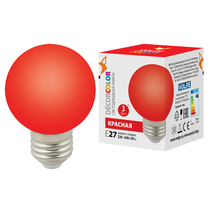 Лампа светодиодная Volpe Decor color LED-G60-3W/RED/E27/FR/С UL-00006959 Лампа светодиодная Volpe Decor color LED-G60-3W/RED/E27/FR/С UL-00006959
