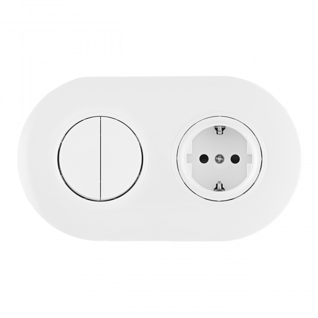 Выключатель круглый двухклавишный с розеткой с/з и шторками Arte Milano SET08-2-40-1-30-2 white