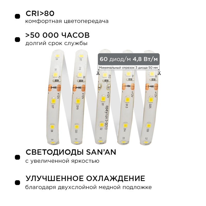 Комплект светодиодной ленты Apeyron 12В 4.8Вт/м smd 3528 60 д/м IP65 5м 3000K (блок, коннектор) 10-27