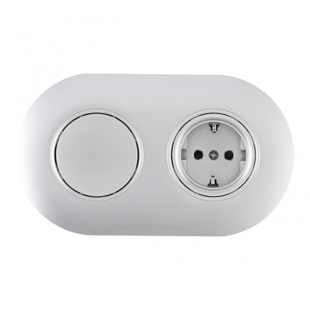 Выключатель круглый одноклавишный с розеткой с/з и шторками Arte Milano SET08-2-40-1-30-1 silver