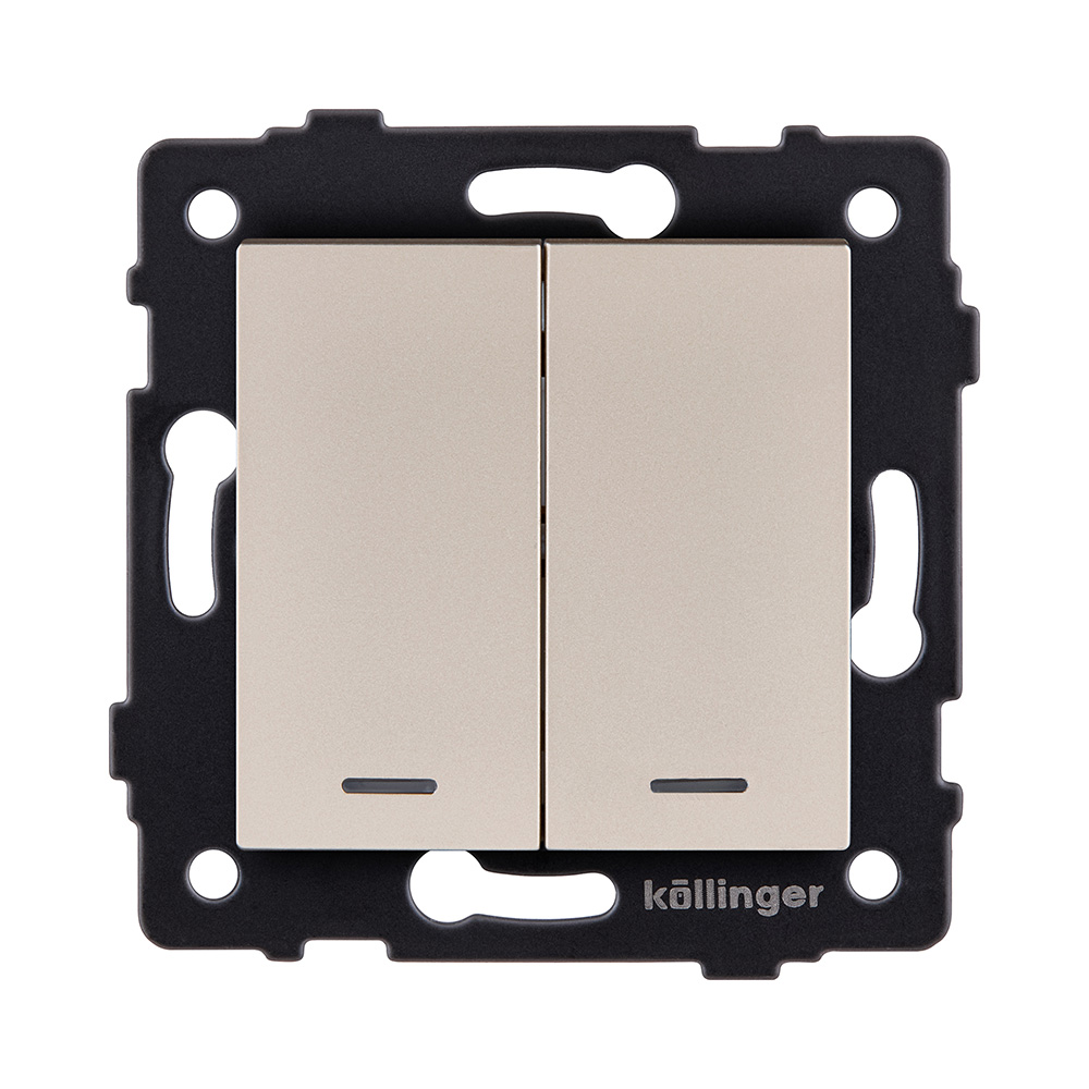 Выключатель кнопочный 2-клавишный 10А/250В с LED подсветкой, золотой Kollinger REA-S-014GD для Aspekt, Eleganz, Reflex