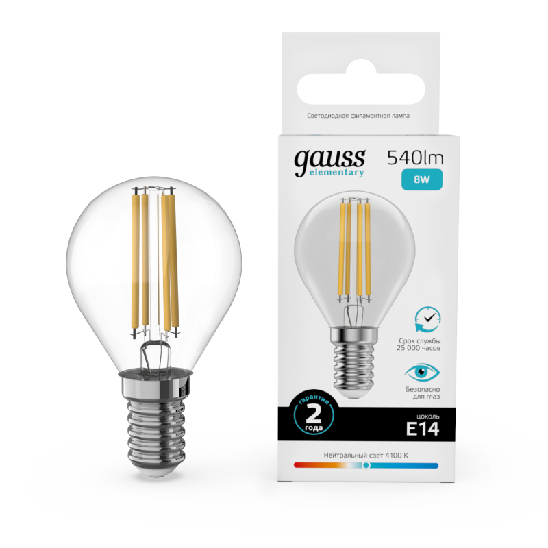 Лампа светодиодная Gauss Filament Elementary E14 8W 4100K 52128 Лампа светодиодная Gauss Filament Elementary E14 8W 4100K 52128