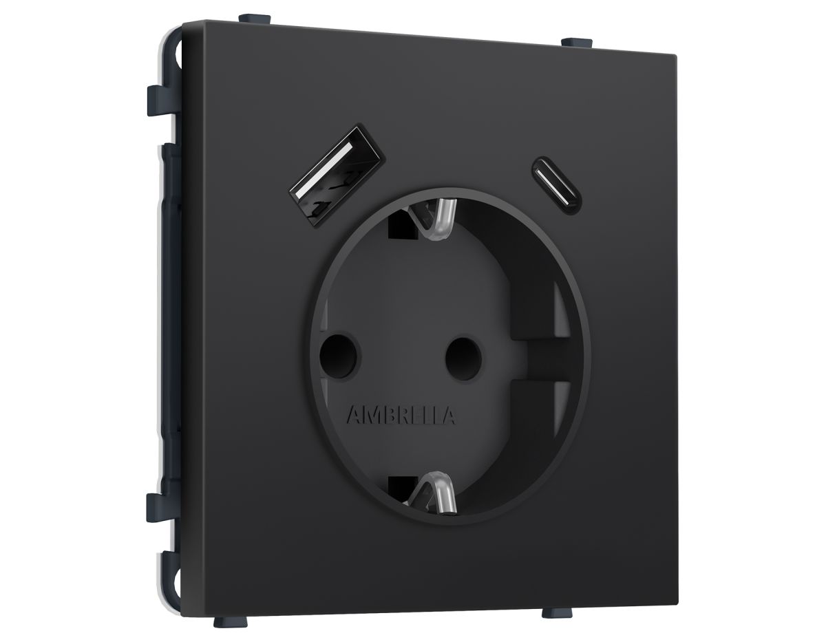 Комплект механизма электрической розетки SIGMA Черный матовый 2USB A+C 20W Ambrella Volt MS810010 (SP8100, PR160)