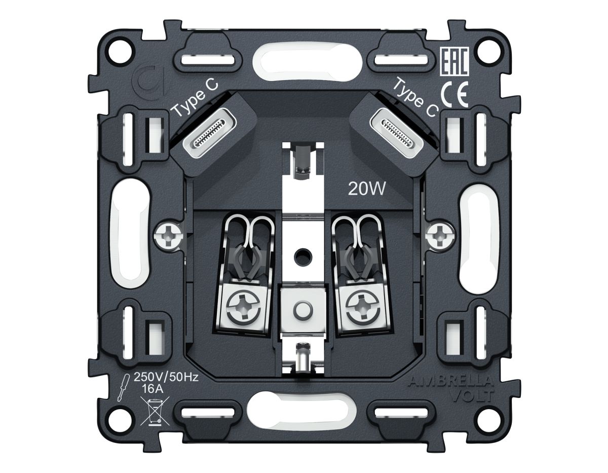 Механизм электрической розетки 2USB С+C 20W (быстрая зарядка) с/з на винтовых зажимах 16A-250V QUANT Ambrella Volt VM165