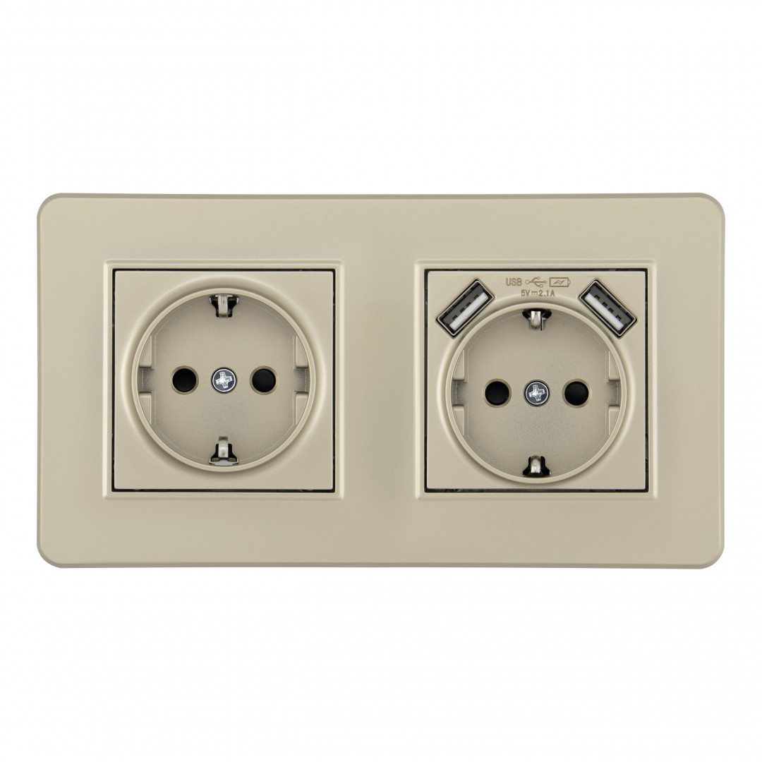 Розетка двойная (двухпостовая) с/з и шторками + USB Arte Milano SET16-2-47-1-40-1 shampan
