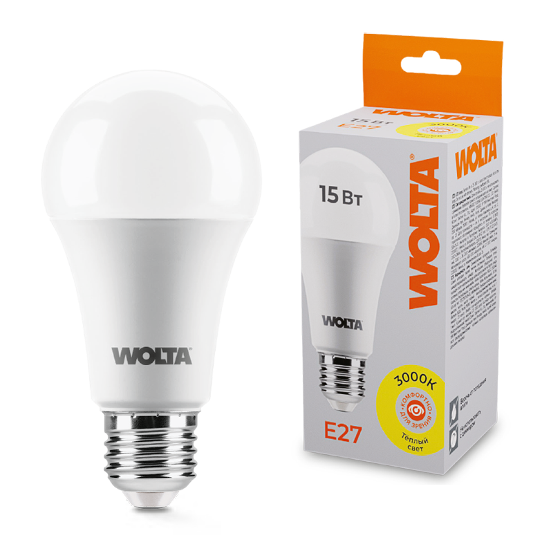 Светодиодная лампа WOLTA 15Вт 3000К E27 груша матовая 25Y60BL15E27