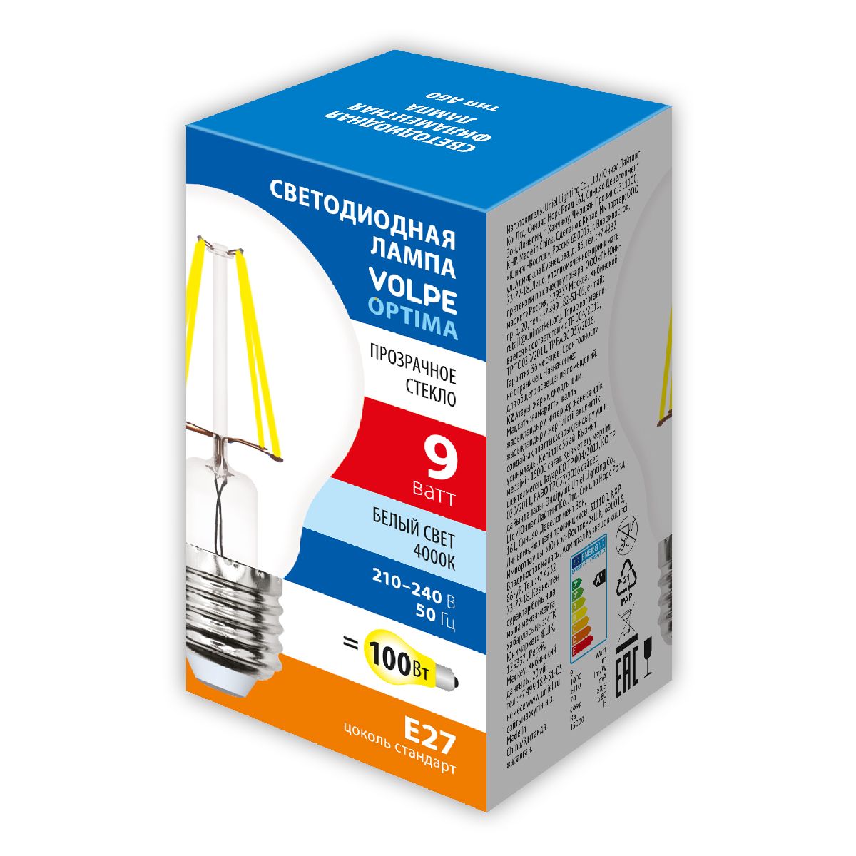 Лампа светодиодная Volpe Optima LED-A60-9W/4000K/E27/CL/SLF UL-00008303 Лампа светодиодная Volpe Optima LED-A60-9W/4000K/E27/CL/SLF UL-00008303