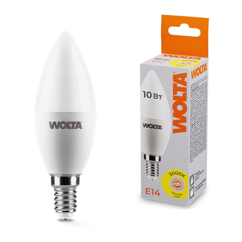 Светодиодная лампа WOLTA 10Вт 3000K E14 свеча матовая 25YC10E14