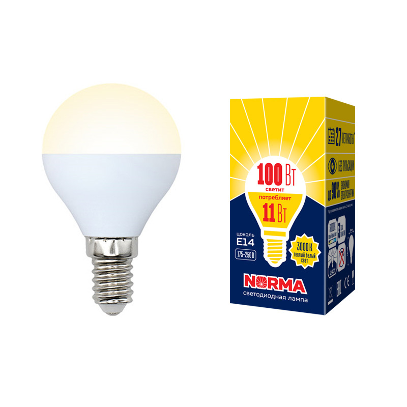 Лампа светодиодная (UL-00003832) Volpe E14 11W 3000K матовая LED-G45-11W/WW/E14/FR/NR Лампа светодиодная (UL-00003832) Volpe E14 11W 3000K матовая LED-G45-11W/WW/E14/FR/NR