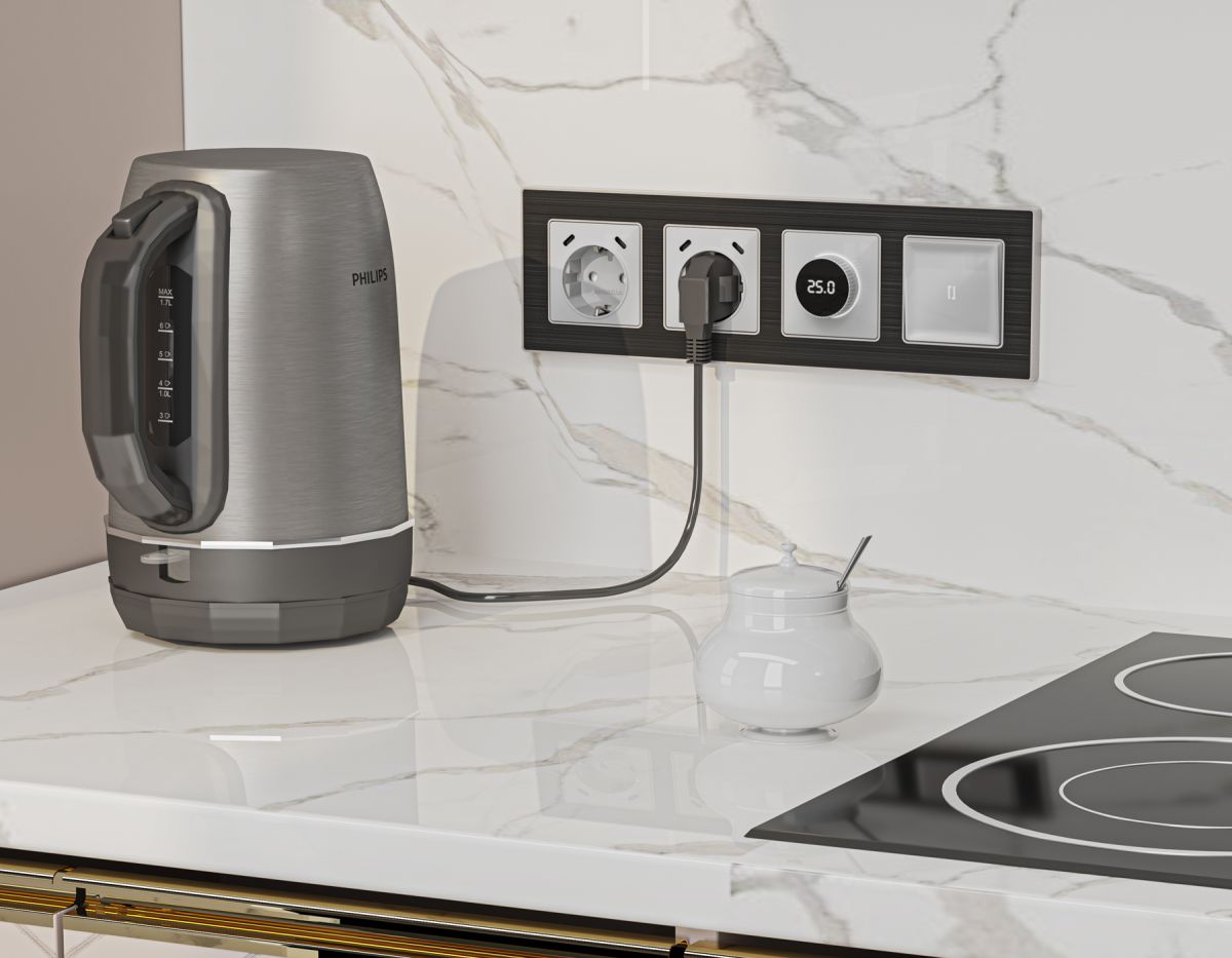 Лицевая панель Alfa (Серебро глянец) для электрической розетки с/з со шторками 2USB C+C Quant Ambrella Volt AP4105