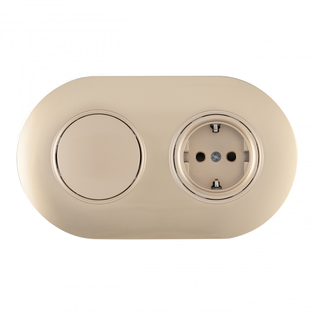 Выключатель круглый одноклавишный с розеткой с/з и шторками Arte Milano SET08-2-40-1-30-1 shampan