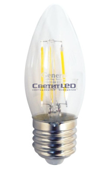 Лампа LED E27(свеча), 6W, 220V, теплый 2700К, 510Lm, филаментная